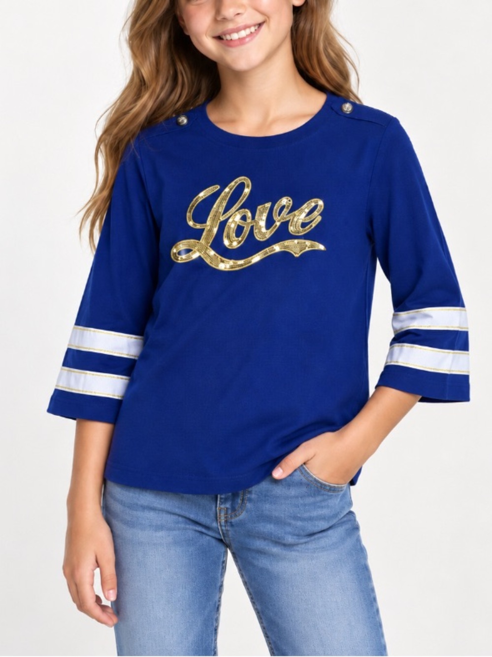 Girls' Blue Long Sleeve Tee with Gold 'Love' Graphic